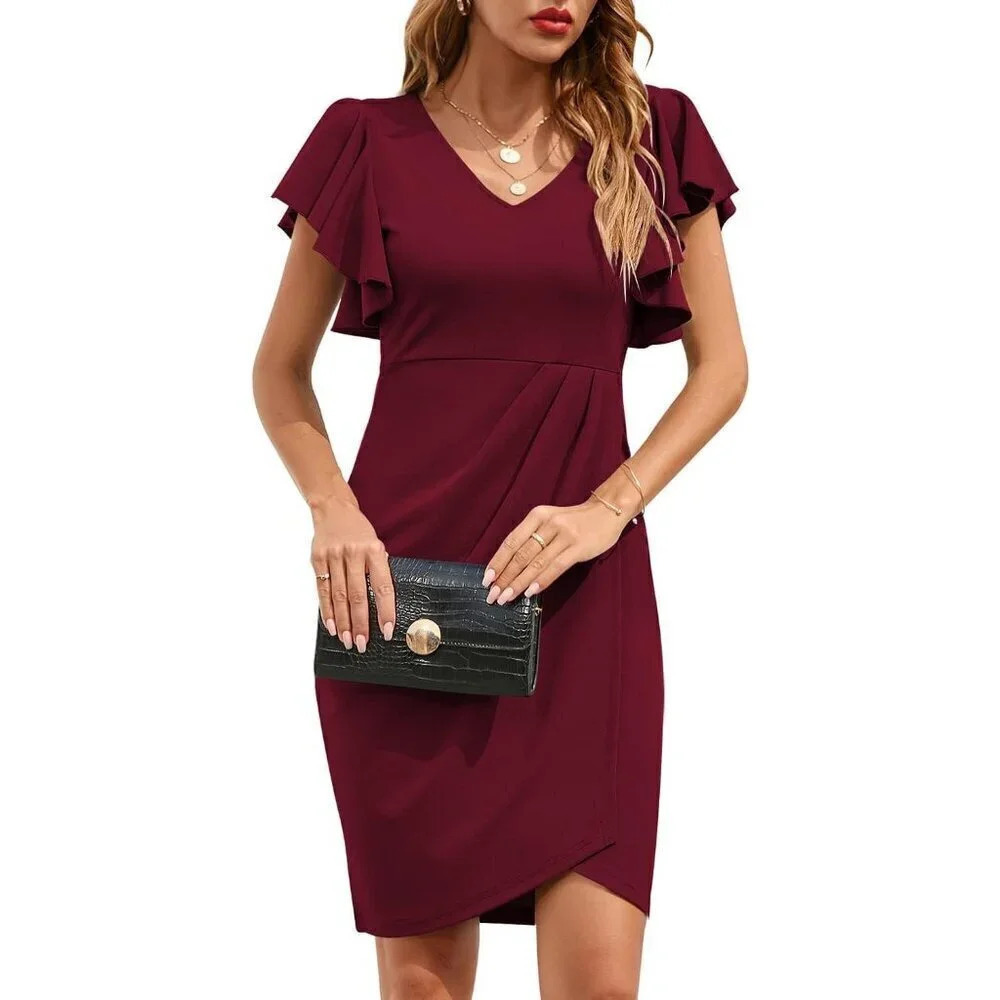 Women's 2024 V Neck Ruffle Sleeve Bodycon Cocktail Party Dress